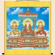 卡卡字畫~娑婆三聖圖復古版 釋迦牟尼佛地藏王觀音菩薩卷軸掛畫 絹布裝飾畫