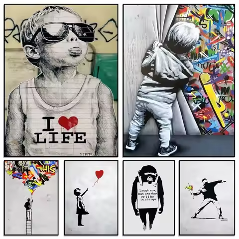 Banksy Street Graffiti Canvas Painting Girl with Balloon Follow Monkey Poster Room Home Decor Gifts
