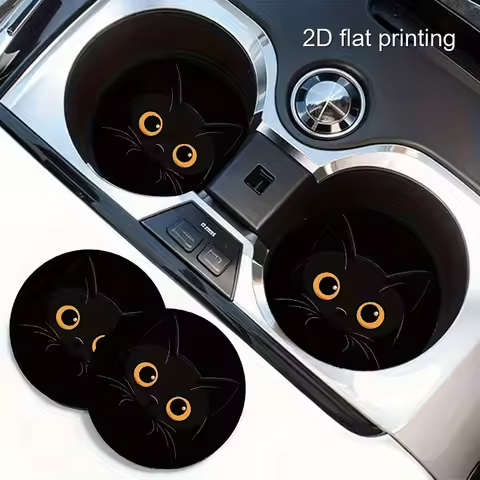 2Pcs 2.8" Black Cat Eyes Wooden Car Coasters, Heat-Resistant Non-slip Interior Mats