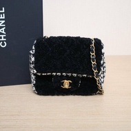 CHANEL CF口蓋包方胖子17黑白毛呢/羊羔毛30開金扣肩背包