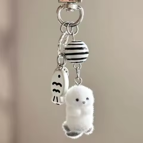 Flocking Cartoon Keychain Cute Seal Penguin Polar Bear Pendant Bag Decoration Keyring Car Key Holder