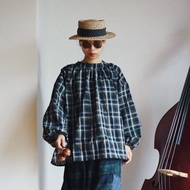 春夏藍白 燈籠袖法式復古大廓形百搭罩衣 紋理格紋棉上衣