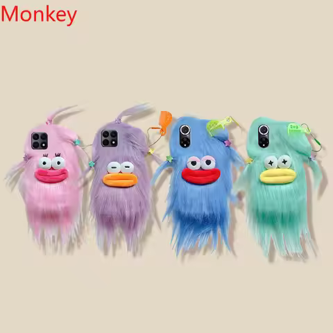 3D Korean Funny Fluffy Plush Monster Case For Huawei Y7A Y6P Y9 Y7 Honor 100 90 70 50 20 X9A X8A X7A