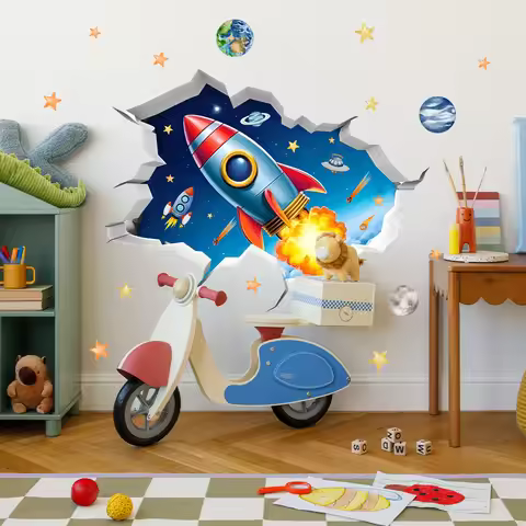 3D Universe Rocket Planets Broken Wall Sticker Cosmic Space Planet Wallpaper for Kids Room Boys Bedr