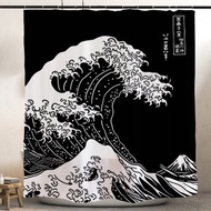 大海浪黑色浴室浴簾衛生間乾濕分離防水布簾免打孔套裝淋浴隔斷