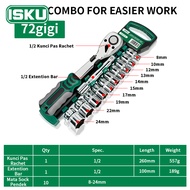 ISKU Kunci Sok Set 12 PCS CR-V Kunci Sok Wrench 1/2" Rachet alat perkakas lengkap motor