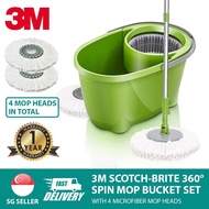 [SG Ready Stock] 3M ScotchBrite 360° Spin Mop Bucket Set with 4 Microfiber Mop Heads
