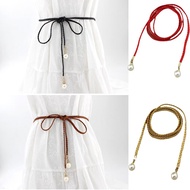 6 Colors Simplicity Summer Waistband for DressElegant Pearl Thin Belts Women Long Leather Hemp Rope Braid Waist Belt Girls