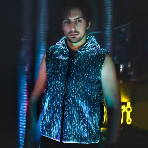 Night Club Coustume Men LED Colorful Luminous Sleeveless Hoodies Y2K High Street Optical Fiber Fabri