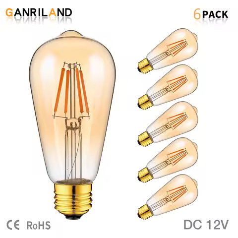 GANRILAND ST58 4W Low Voltage Vintage Led Bulbs DC12V Amber Glass E27 Screw Base Warm 2200K Low Volt