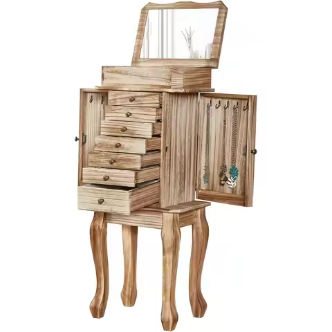 Standing Jewelry Armoire with 7 Drawers 2 Side Doors Flip Top Makeup Mirror Jewelry Storage Cabinet 