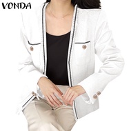 VONDA Women Korean Open Front Button Long Sleeve Blazer