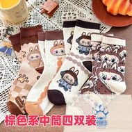 ถุงเท้าผู้หญิงสีม่วงเทา 4 คู่ ถุงเท้าสั้นลายการ์ตูน Tycoco ถุงเท้าข้อสั้น LABUBU ถุงเท้าผ้าฝ้ายผสมฤด