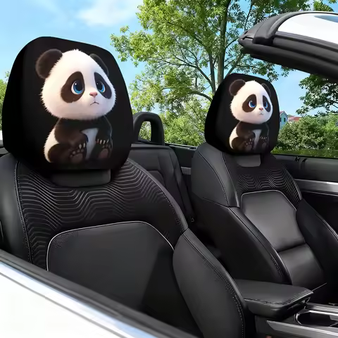 2pcs Cute Panda Crying Expression Themed Printed Car Seat Cushion Headrest Neck Pillow Cover - Featu