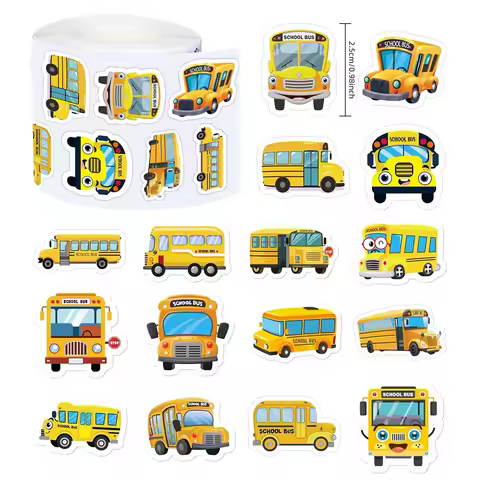 School Bus Roll Stickers 500Pcs 16 Patterns School Bus Stickers School Waterproof Vinyl Cartoon Tran