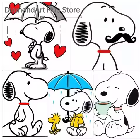 5D DIY Diamond Painting Cute Snoopy Peanuts Cartoon Art,Heart Umbrella Snoopy, Mustache Snoopy, Walk