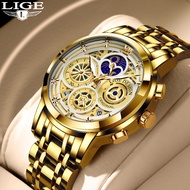 Ready stock Official Original LIGE Men's watch Gold Stainless steel Waterproof Quartz Watch Men Fashion Business Watch