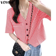VONDA Women Korean Fashion V-Neck Short Sleeves Buttons Printing Blazer