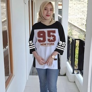 Oversized Baseball Number T-shirt, 7/8 Sleeves, Women's Basic Sporty Premium T-shirt