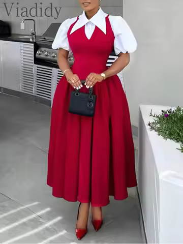 Women's Casual Polo Collar Puff Sleeve Ruched Big Swing Maxi Dress High Waist Office Lady Work Dress