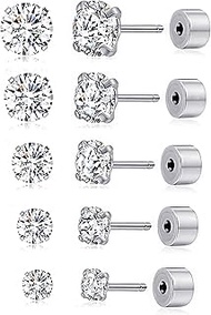 5 Pairs 20G Titanium Threadless Flat Back Earrings Push-in Round Cubic Zirconia Earrings Studs Set C