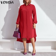 VONDA เสื้อสตรีหน้าสั้นด้านหลังที่สง่างามเสื้อชุดเดรสสีเดียวที่ทำงาน OL (ขนาดพิเศษ)