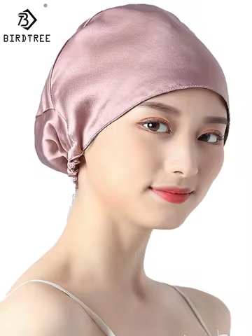 Birdtree 16MM 100% Mulberry Silk Turban Bonnets Female Double Layered Solid Sleeping Night Wrap Cap 
