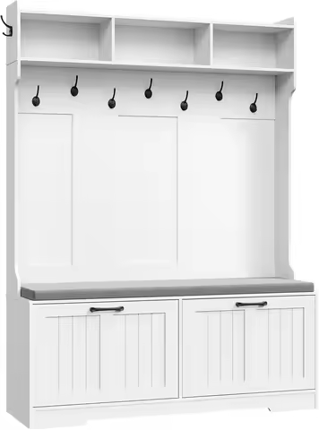 Hall Tree with Bench, 47'' Entryway Bench with Coat Rack and Shoe Cabinet, Flip-Down Cabinet Door, 3