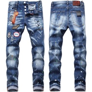 Dsquared2ยี่ห้อบุรุษกางเกงยีนส์บุรุษสบายๆบาง DSQ ตราเย็บปักถักร้อยหลุมกางเกงยีนส์วินเทจยืดกางเกงยีนส