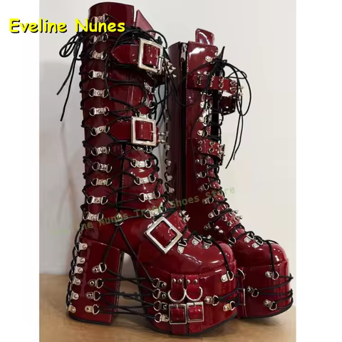 Y2K Red Gothic Platform Knee High Boots Women Punk Lace Up Buckle Chunky Heel Patent Leather Shoes B