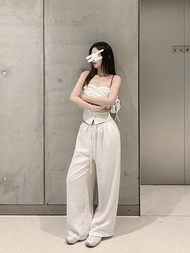 ฤดูร้อน 2024 ผู้หญิง ผ้าฝ้าย ผ้าลินิน ขากว้าง กางเกง Set Old Money Style ความยาวพื้น กางเกง รายละเอี