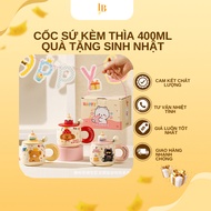 Ceramic cup with 3D cartoon handle with spoon and lid 400ML LB-0210 with gift package