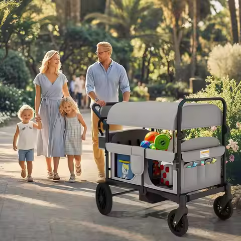 Foldable 4 Seats Stroller Wagon for Kids with Canopy Adjustable Handlebar 5-Point Safety Harness Det