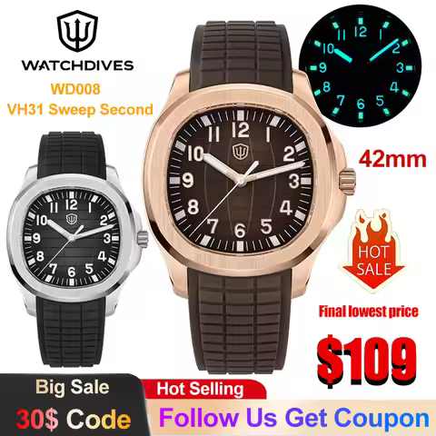 Watchdives WD008 Men's Watch VH31 Sweep Second Quartz Movement Sapphire Crystal 100m Waterproof Supe
