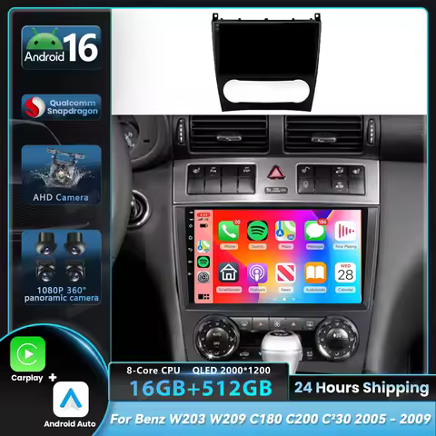 Android 16 Carplay Auto For Mercedes Benz W203 W209 C180 C200 C220 C230 2005 - 2009 Multimedia Car R