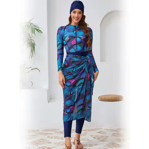 5PCS Summer Beach Floral Muslim Swimwear Swimsuit Women Burkini With Shawl, Quick Drying, UPF50+