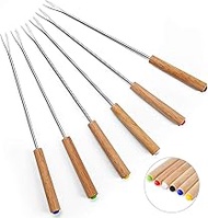 Set of 6 Stainless Steel Fondue Forks, 9.5 Inches Cheese Fondue Sticks Smore Sticks with Wooden Handle Heat Resistant for Chocolate Fountain Cheese Fondue Roast Marshmallows Fruits