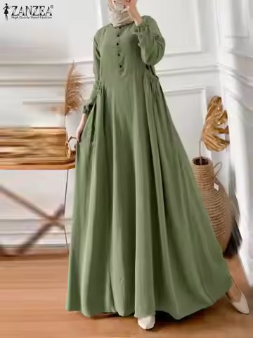ZANZEA Elegant Long Sleeve Maxi Sundress Kaftan Fashion Muslim Turkey Dress Robe Femme Eid Mubarek A