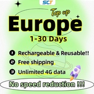 Wefly Europe Top up 3-30 Days unlimited 4G Data Daily 1GB/2GB for 34 countries For Italy France Germany..