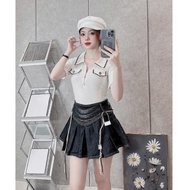 ELWYN pleated jean skirt, black flared denim skirt with black strap 6552