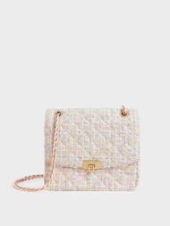 小ck幻彩香風手袋 兩用袋 單繩雙繩 金釦Tweed Chain Strap Bag - Pink粉紅色 彩虹charles and keith