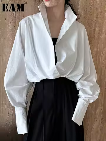 [EAM] Women White Shaped Brief Big Size Elegant Blouse New V-neck Long Sleeve Shirt Fashion Tide Spr