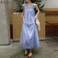 ZANZEA Korean Style Women Holiday Girlish Plain Sleeveless A-Line Dresses Crew Neck 3D Flowers Long