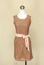 貞新二手衣 DUNNES 歐單 粉裸雕花圓領無袖蕾絲棉質洋裝M(36號)(17509)