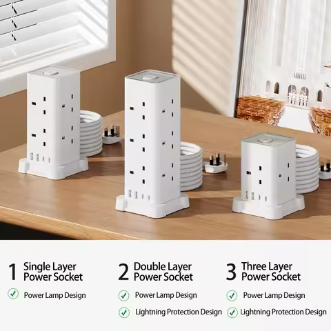 British Standard Multi-Circuit Power Outlet Vertical Power Plug Tower Outlet USB Type-C Surge Protec