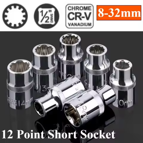 12 Point Short Socket Set Bit 1/2" Drive 8-32mm Ratchet Wrench 12 Tooth Socket Set for Car Auto Repa