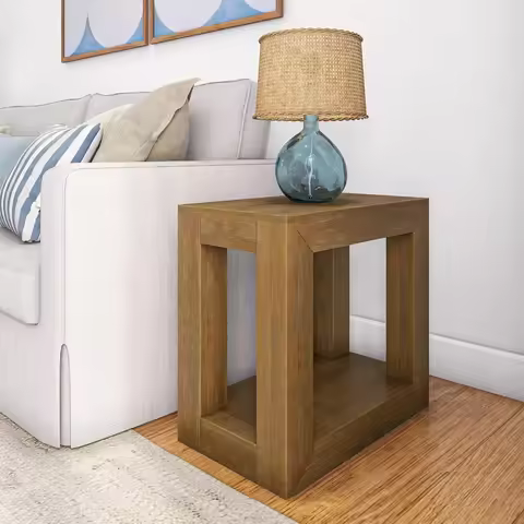 Plank+Beam Modern Rectangular Side Table with Shelf, 25", Solid Wood Narrow End Table for Living Roo