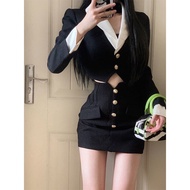 New High-End Feeling Short Contrast Color Blazer High Waist Hip Skirt Two-Piece Suit Women