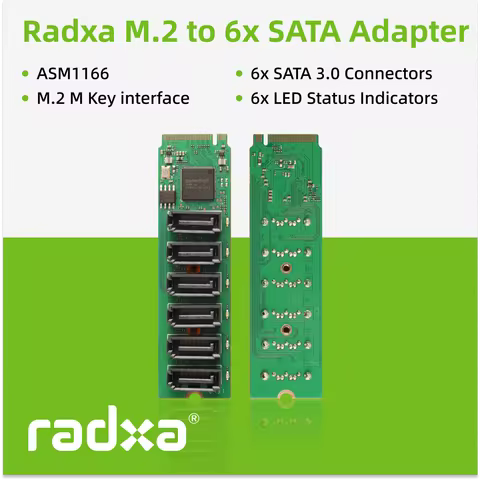 Radxa M.2 to 6x SATA Adapter, M.2 M Key Interface, 6x SATA 3.0 Ports