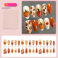 30Pcs Halloween Pumpkin Fake Nails - 3D Maple Leafs Autumn Wearable Nails